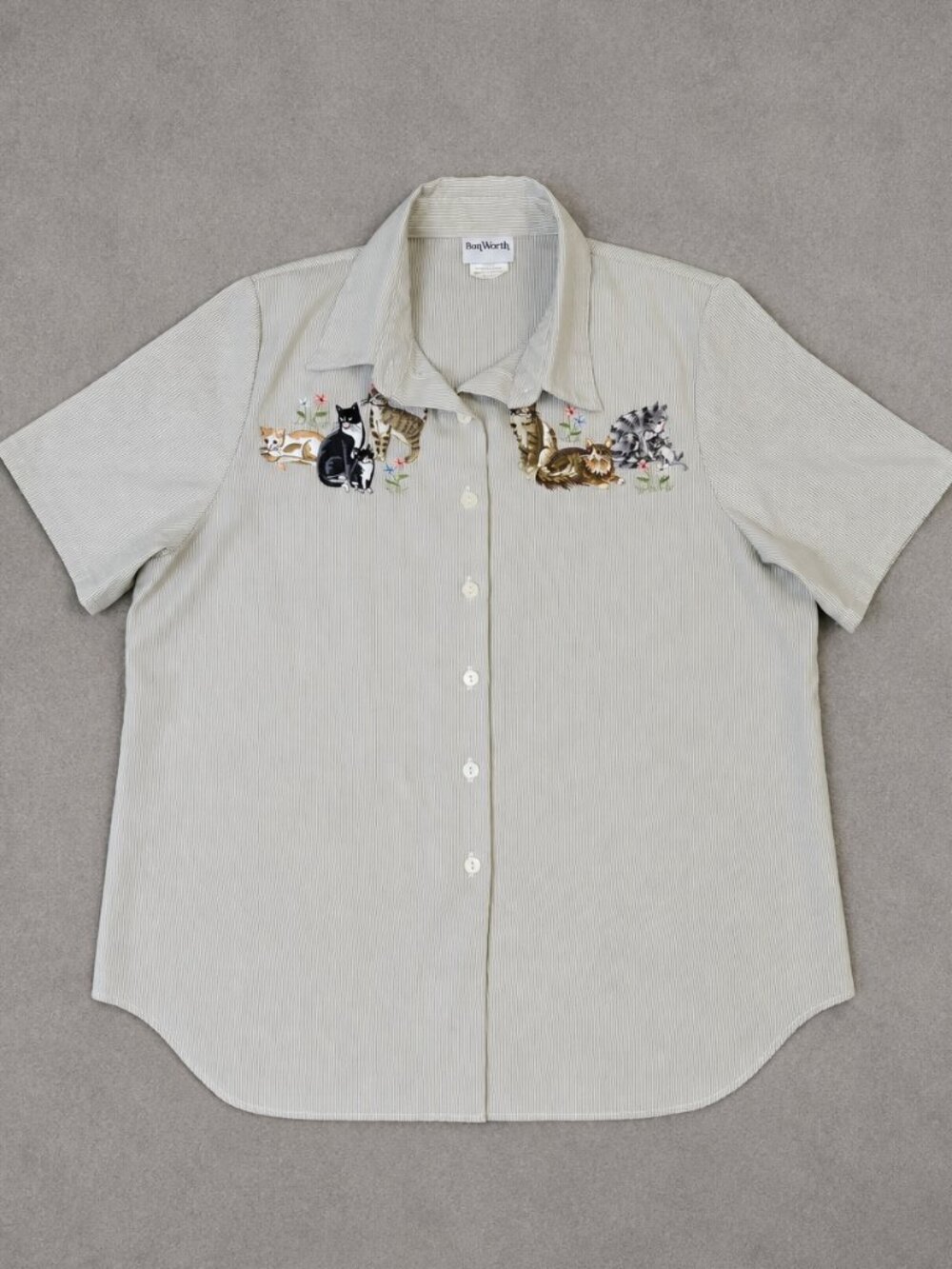 Bonworth Embroidered Cats Kitten Button Up Vintage Short Sleeve Shirt M Petite
